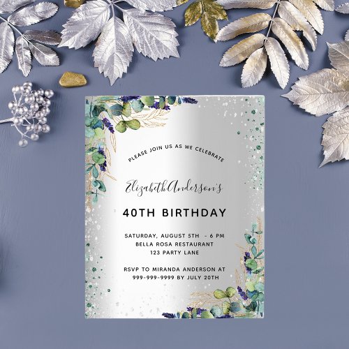 Silver eucalyptus buget birthday invitation flyer