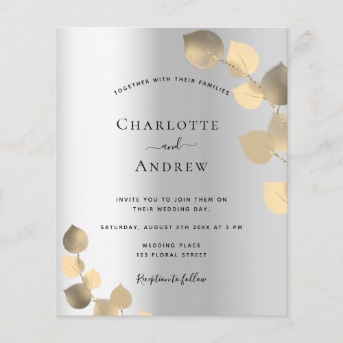 Silver eucalyptus golden budget wedding invitation flyer