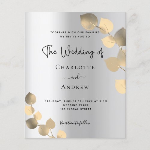 Silver eucalyptus golden elegant budget wedding flyer