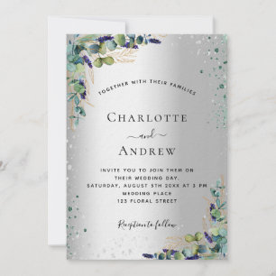 Silver eucalyptus greenery sparkle luxury wedding invitation