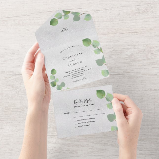 Silver eucalyptus greenery wedding all in one invitation (Tearaway)