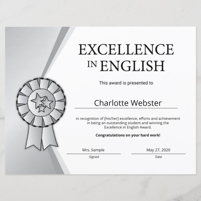 Silver Excellence in English Certificate Award (Front)