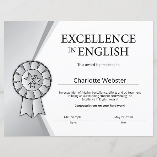 Silver Excellence in English Certificate Award