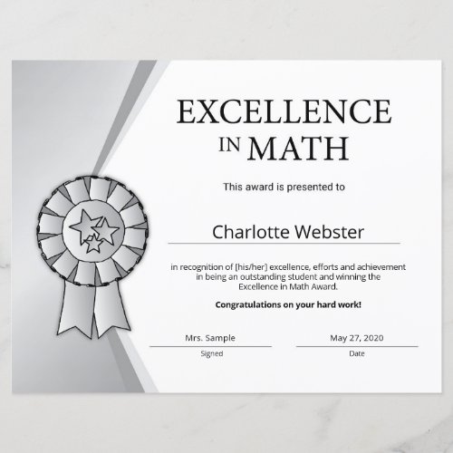 Silver Excellence in Math Certificate Award