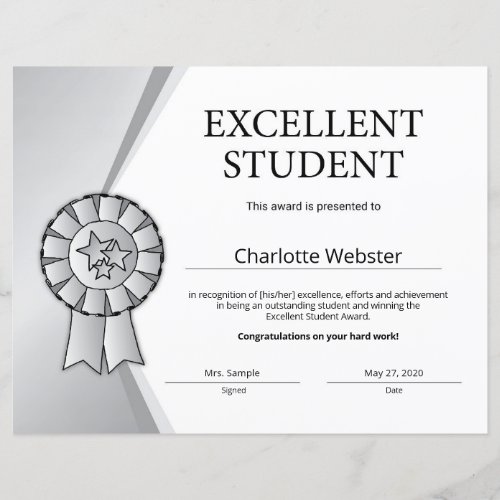Silver Excellent Student Award Honor Certificate