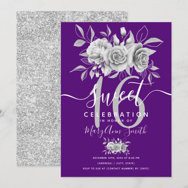 Silver Fab Floral Glitter 16th Birthday Purple  Invitation (Front/Back)