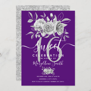 Silver Fab Floral Glitter 16th Birthday Purple  Invitation