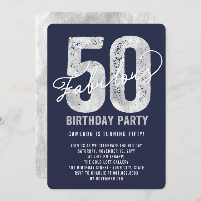 Silver Fabulous Fifty 50th Birthday Party Invite (Front/Back)