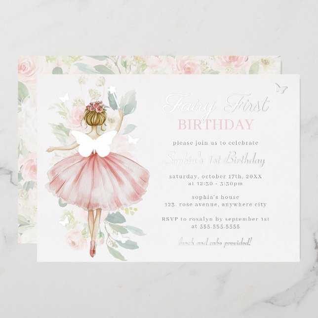 Silver Fairy First 1st Birthday Butterfly   Foil Invitation (Front/Back)