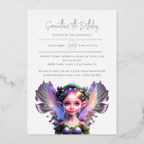 Silver fairy princess purple iridescent wings girl foil invitation