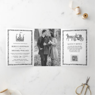 Silver Fairytale Castle Carriage QR Code Wedding Tri-Fold Invitation
