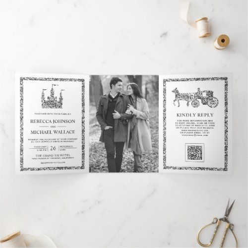 Silver Fairytale Castle Carriage QR Code Wedding Tri-Fold Invitation