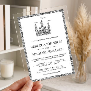 Silver Fairytale Castle Carriage Wedding Acrylic Invitations