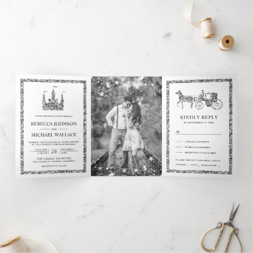 Silver Fairytale Castle Princess Carriage Wedding Tri_Fold Invitation