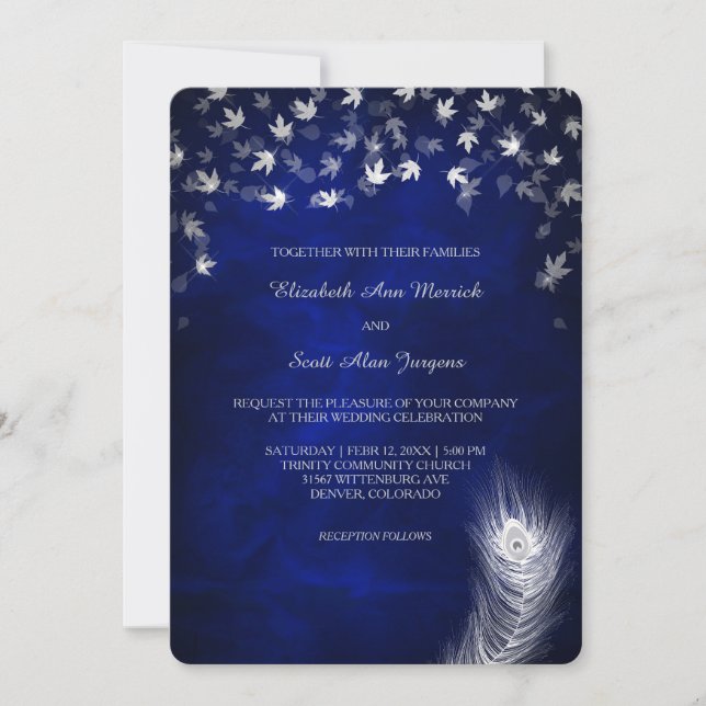 Silver Falling Leaf and Feather Wedding Invitation (Front)