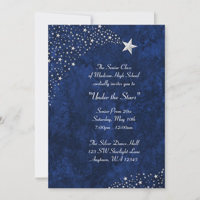 Silver Falling Stars Blue Prom Formal Invitations (Front)