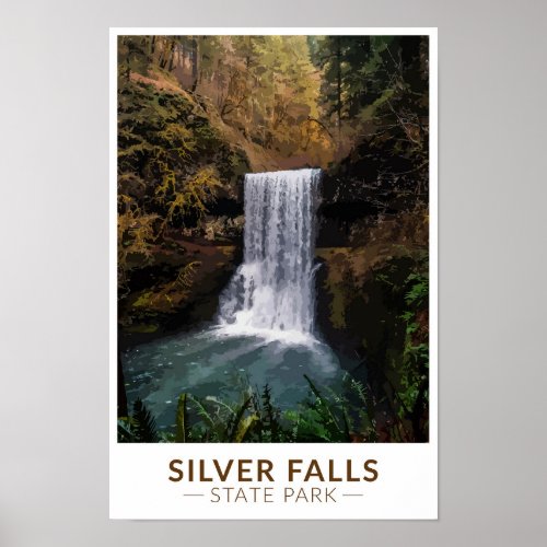 Silver Falls State Park Oregon Watercolor Vintage  Poster