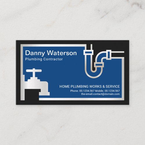 Silver Faucet Pipe Blue Flood Waters Plumber  Business Card