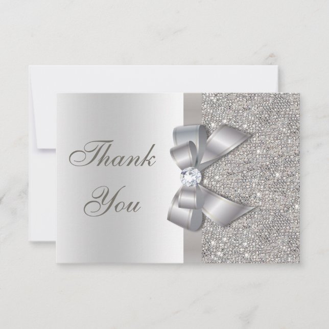 Silver Faux Bow & Diamonds Thank You Card (Front)