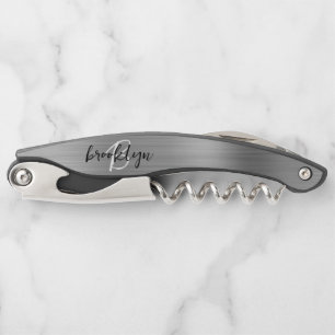 Silver Faux Brushed Metal Monogram Script Waiter's Corkscrew