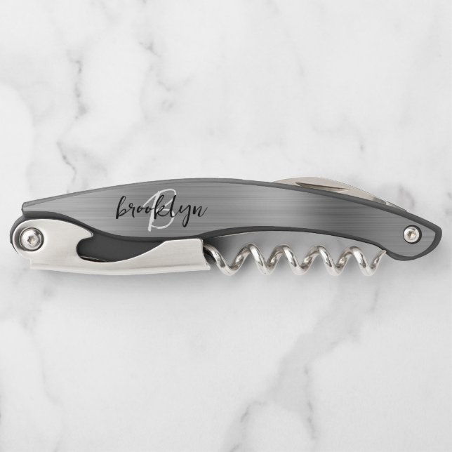 Silver Faux Brushed Metal Monogram Script Waiter's Corkscrew (Front)