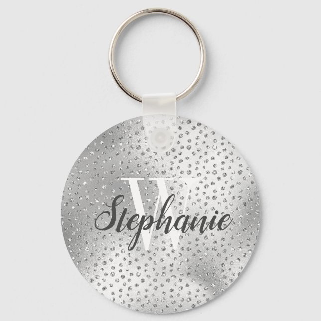 Silver Faux Diamond Confetti Pattern Monogram Keychain (Front)