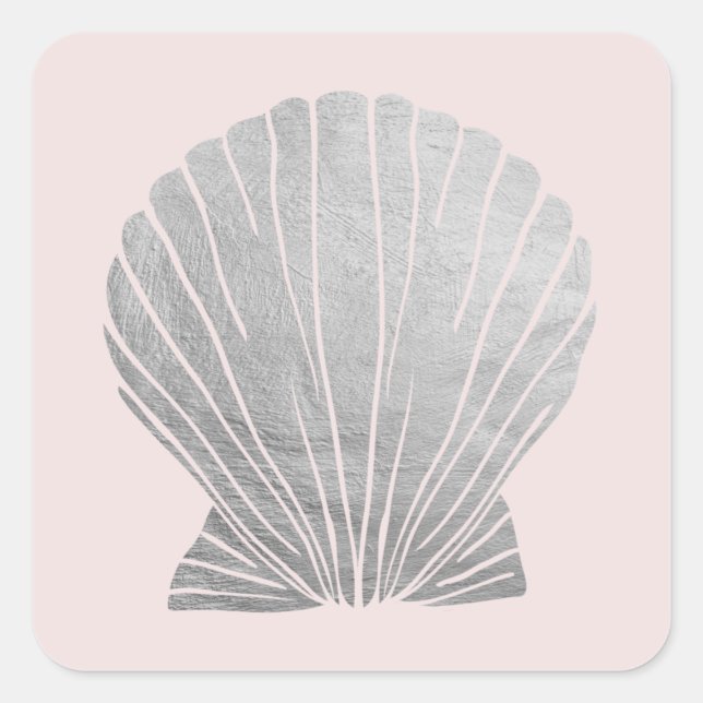 Silver Faux Elegant Metallic Seashell Wedding Square Sticker (Front)