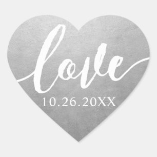 Silver Faux Foil Love Script Wedding Date Heart Sticker
