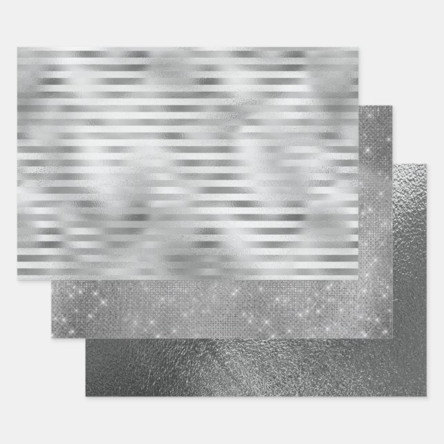 Silver Faux Foil Mix and Match 3 Wrapping Paper Sheets (Set)