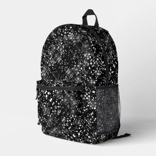 Silver Faux Glass Glitter Sparkle on Black Printed Backpack