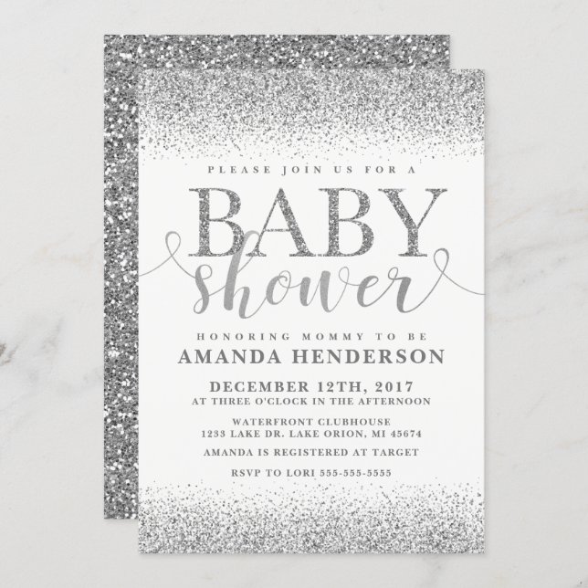 Silver Faux Glitter Baby Shower Invitation (Front/Back)