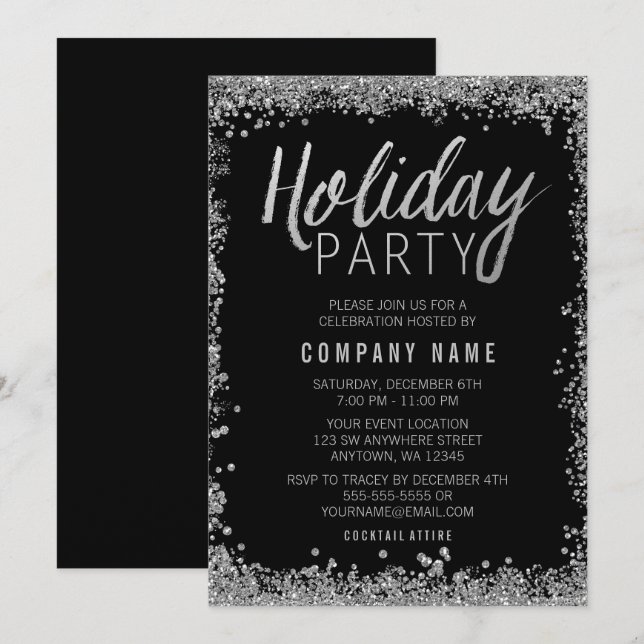 Silver Faux Glitter Black Holiday Party Invitation (Front/Back)