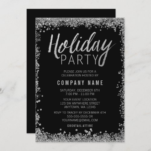 Silver Faux Glitter Black Holiday Party Invitation