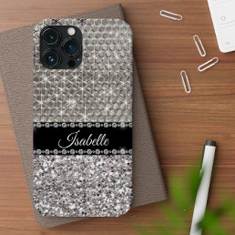 Silver Faux Glitter Bling Personalized Metal Look iPhone 15 Case