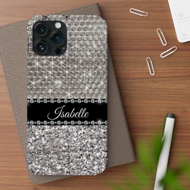 Silver Faux Glitter Bling Personalized Metal Look Case-Mate iPhone Case (Creator Uploaded)