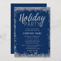 Silver Faux Glitter Blue Holiday Party Invitation