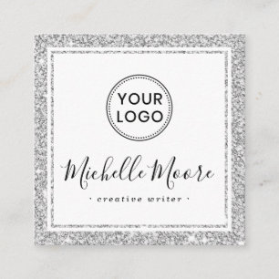 Silver faux glitter border custom logo elegant square business card