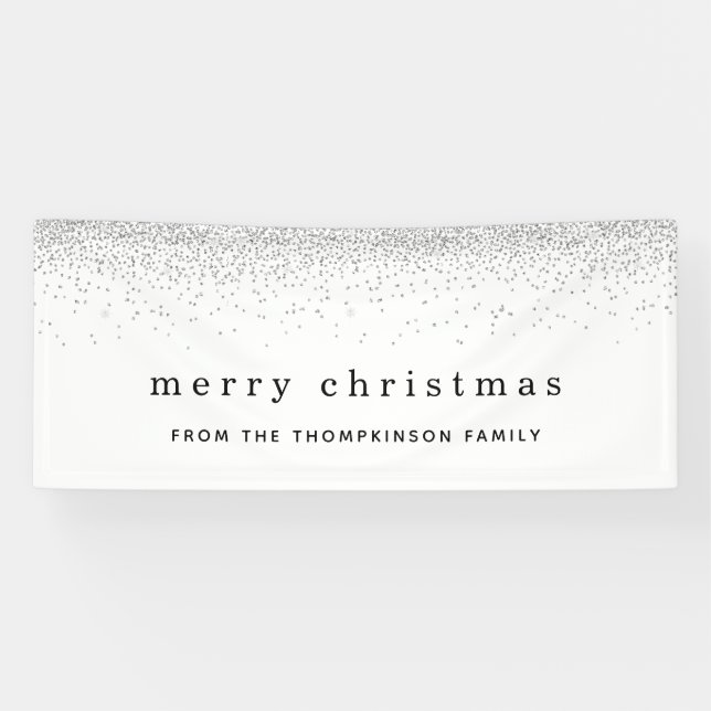 Silver Faux Glitter Border Name Merry Christmas Banner (Horizontal)