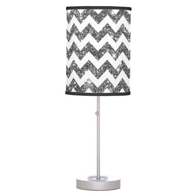 Silver Faux Glitter Chevron Pattern Girly Bling Table Lamp (Front)