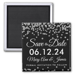 Silver Faux Glitter Confetti Black Save The Date Magnet