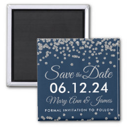 Silver Faux Glitter Confetti Navy Save The Date Magnet