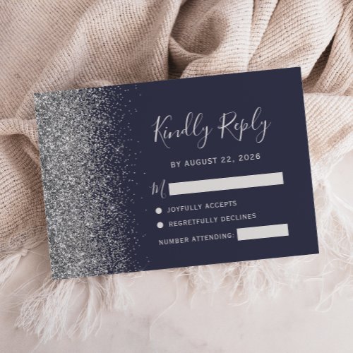 Silver Faux Glitter Edge Dark Blue RSVP