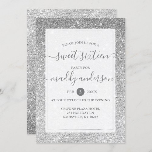 Silver Faux Glitter Elegant Sweet 16 Birthday Invitation