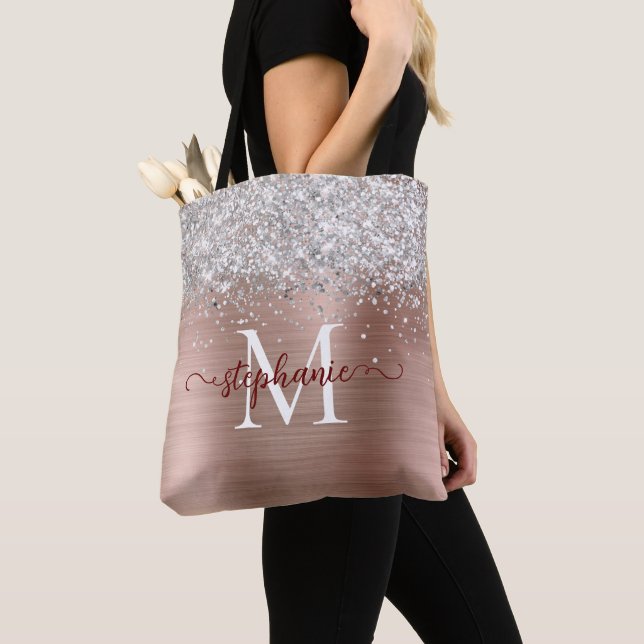 Silver Faux-Glitter Girly Glam Brown Personalized Tote Bag (Close Up)
