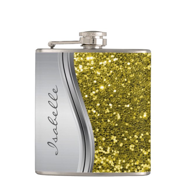 Silver Faux Glitter Glam Bling Personalized  Flask (Front)