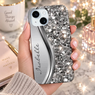 Silver Faux Glitter Glam Bling Personalized Metal iPhone 15 Case