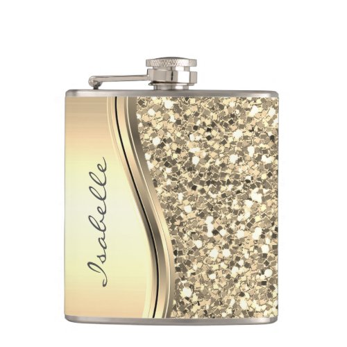 Silver Faux Glitter Glam Bling Personalized Metal Flask