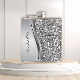Silver Faux Glitter Glam Bling Personalized Metal Flask