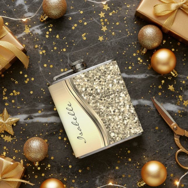Silver Faux Glitter Glam Bling Personalized Metal Flask (Creator Uploaded)