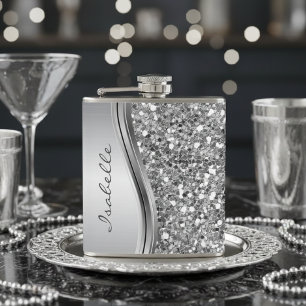 Silver Faux Glitter Glam Bling Personalized Metal Flask